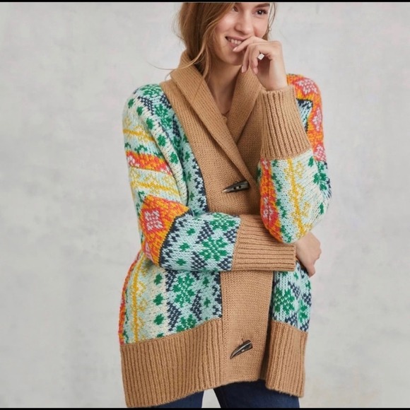 Anthropologie Carlotta Shawl Oversized Cardigan Fair Isle Sweater Sz M/L - Picture 5 of 8
